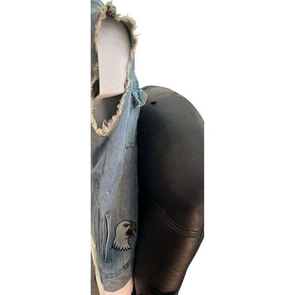 Mens M Trucker Denim Jean Jacket Cutoff Vest USA Snake Eagle Embroidered Patches - Picture 7 of 12